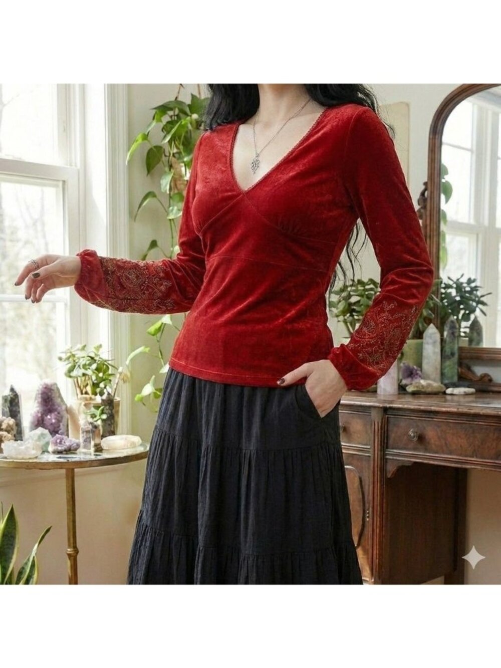 Vintage Y2K Embroidered Velvet Top Poet Sleeve Burgundy Romantic Grunge Fairy L